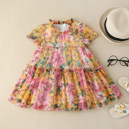 

NECHOLOGY Toddler Girls Dress Summer Short Sleeve Fashion Floral Prints Small Fresh Style Dress Princess Dress Cat Dress for Girls Dress Yellow 5-6 Years