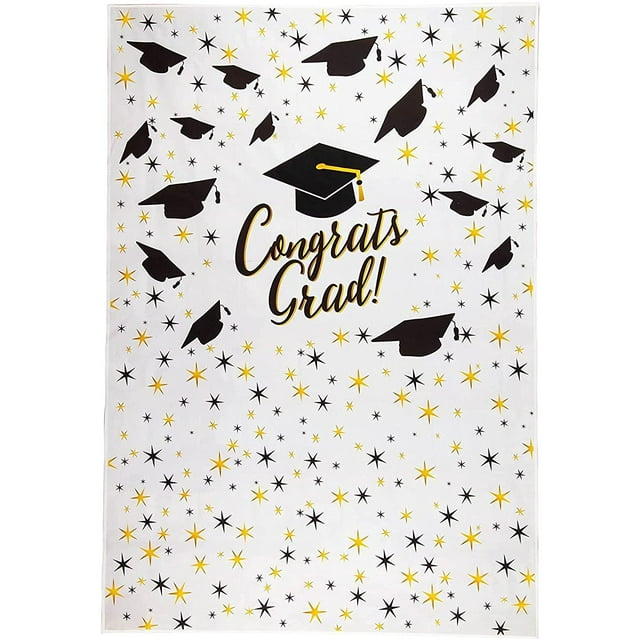 Graduation Photo Backdrop - Photo-Booth Background with Congrats Grad and Graduation Cap Design, White Photography