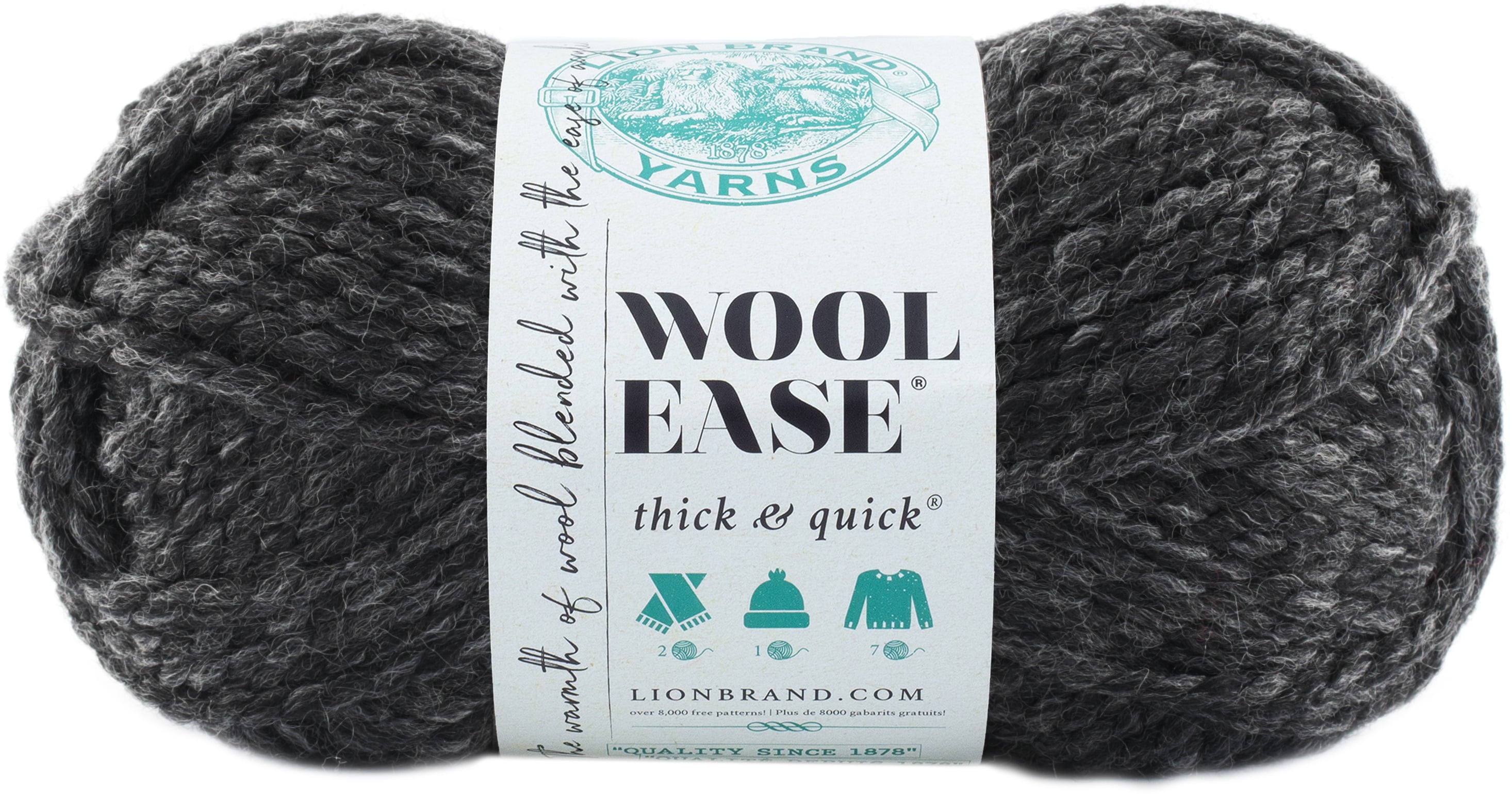 Lion Brand Wool-Ease Thick & Quick Yarn Charcoal #6 Super Bulky Acrylic/Wool yarn, 170g/ 97m, 3-CT, LBY WETQ CHARCOAL, 3-CT