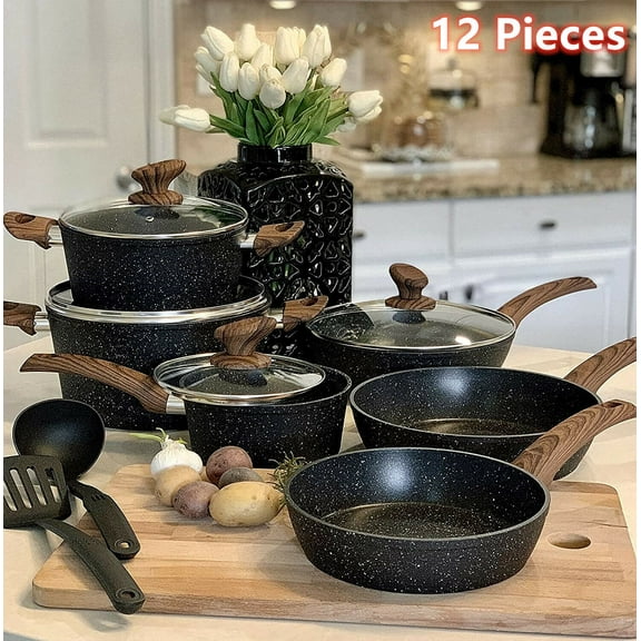 12 Pieces Kitchen Pots & Pans Set Nonstick Cookware Set Granite Coated with Lids