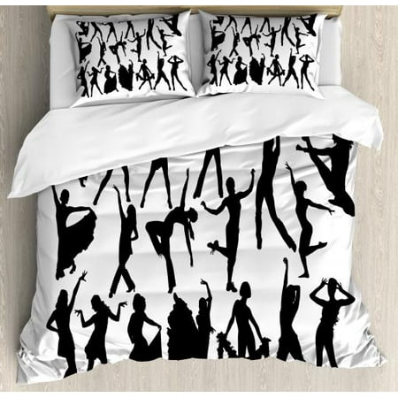 Black and White King Size Duvet Cover Set, Dancers Silhouette Modern Latin Hip Hop Tango Jazz Ballroom Salsa, Decorative 3 Piece Bedding Set with 2 Pillow Shams, Black and White, by