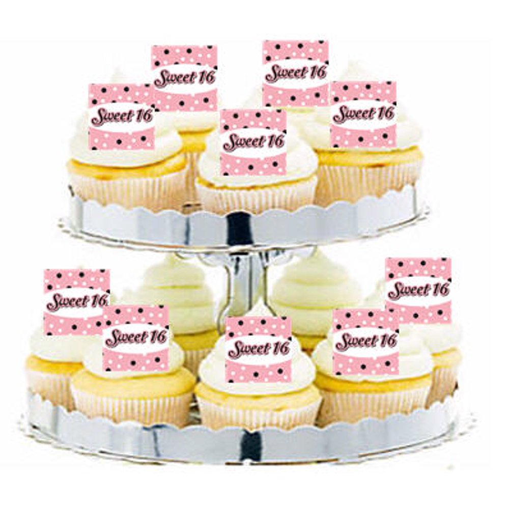 24pk Sweet 16 Peach Pink Edible Cupcake Decoration Toppers / Picks