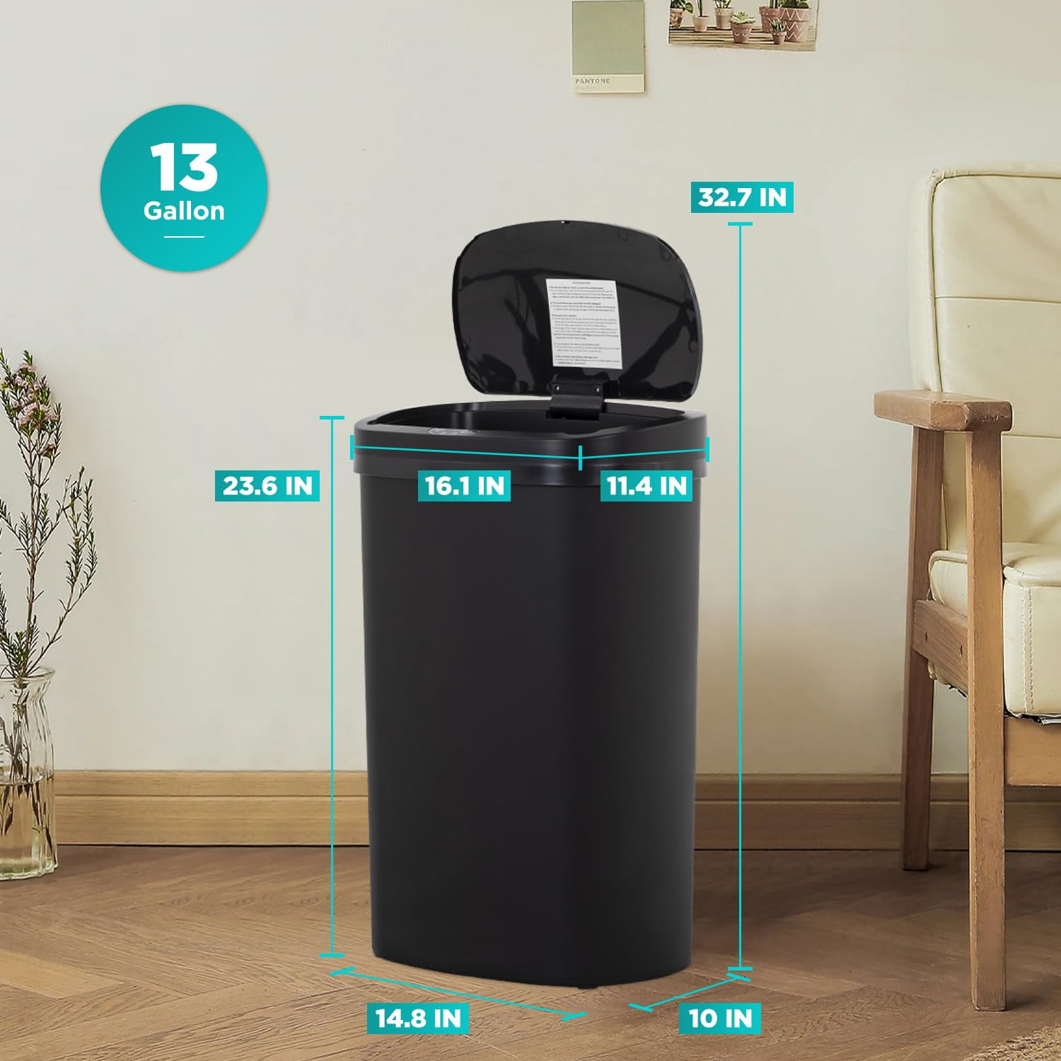 PayLessHere 13Gal Trash Can - Touchless Automatic Lid, Plastic Garbage Can  for Kitchen (1, Black)