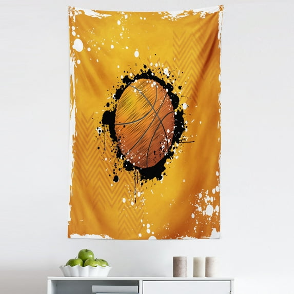 Orange Tapestry, Basketball and Paint Splashes on Abstract Grungy Background Sport Theme Print, Fabric Wall Hanging Decor for Bedroom Living Room Dorm, 5 Sizes, Orange Black, by Ambesonne