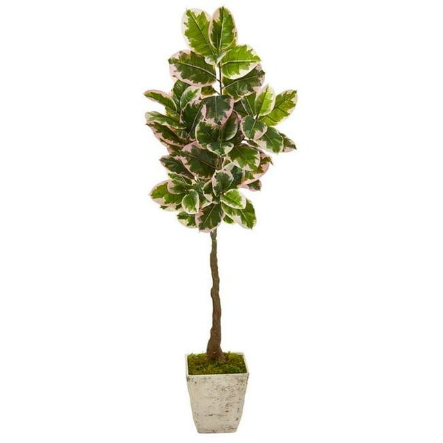 Nearly Natural 9672 69 in. Variegated Rubber Leaf Artificial Tree in Country White Planter