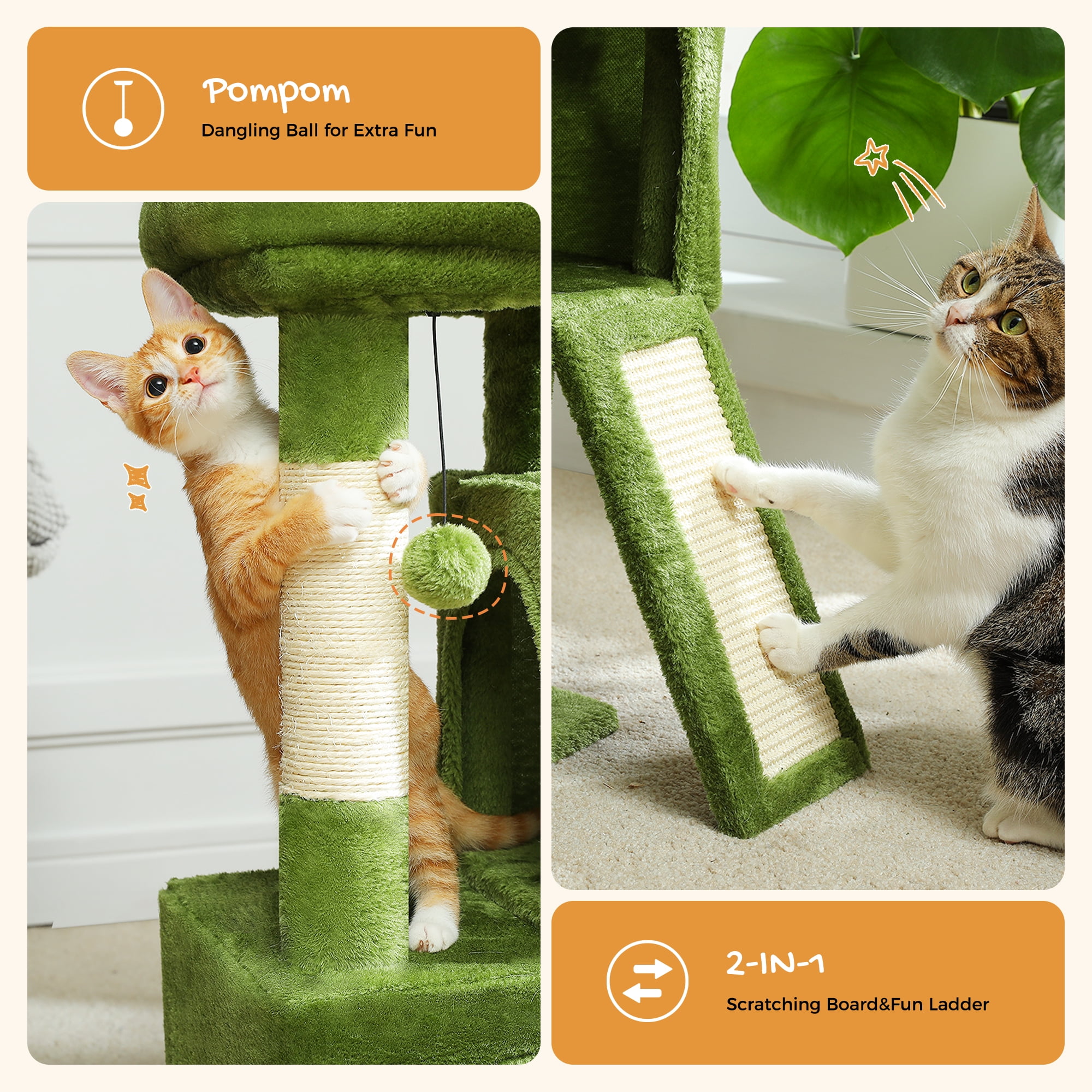 PAWZ Road 30" Cat Tree Condo with Sisal Scratching Post Tower Ramp for Indoor Cats,Green