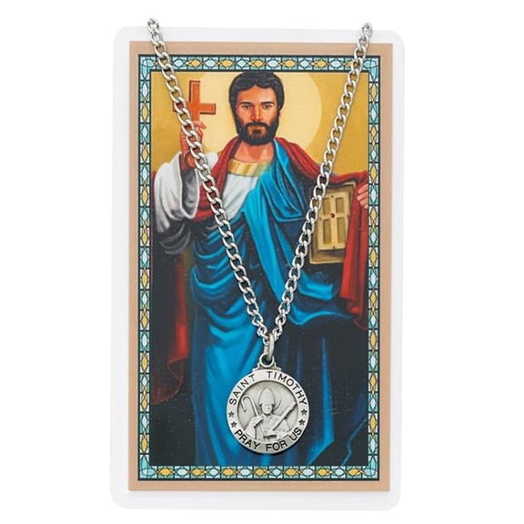 McVan PSD600TY St Timothy Prayer Pewter Medal with 24 in. Silver-Tone Chain & Laminated Holy Card Set