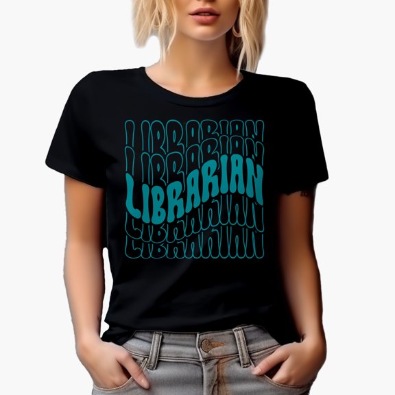 Librarian, Library Themed, Groovy Retro Wavy Text Merch Gift, Black T-Shirt, Small