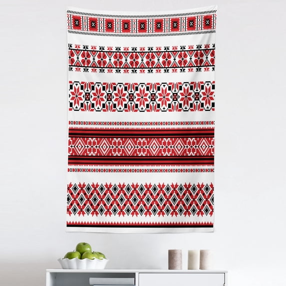 Valentine's Day Tapestry, Ukrainian Needlework Illustration Traditional Accents Arts and Crafts, Fabric Wall Hanging Decor for Bedroom Living Room Dorm, 5 Sizes, White Black Red, by Ambesonne