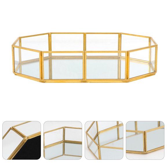 KHBUAB Elegant Glass Jewelry Display Dish Transparent Countertop Holder with Brass Frame