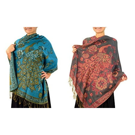 Peacock Shawl Scarf - Peach Couture Floral Peacock Reversible Pashmina Wrap Shawl Scarf 2 Pack