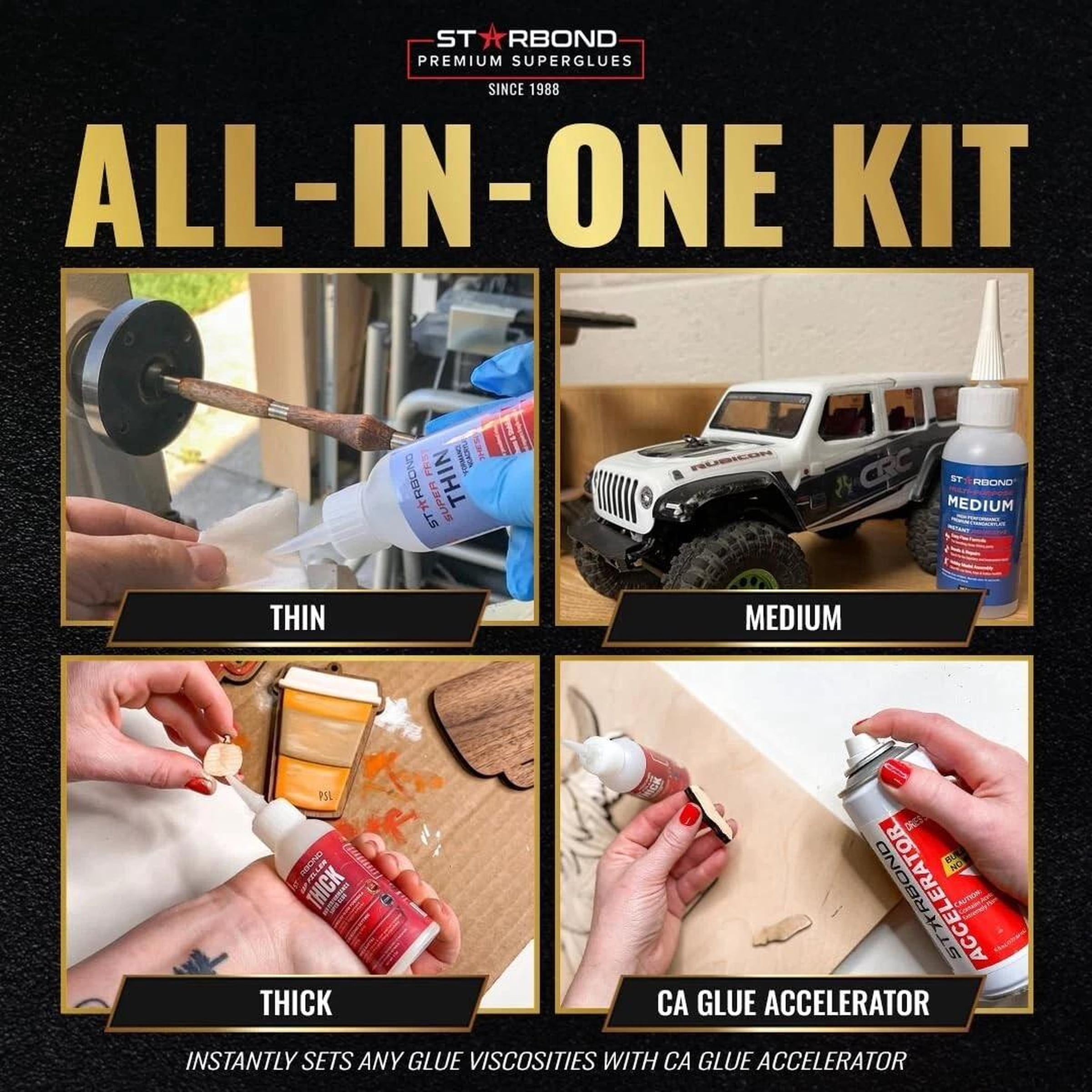 Starbond 2 oz. Thin, Medium, Thick Superglue (CA Glue) and 6 oz. Accelerator Kit