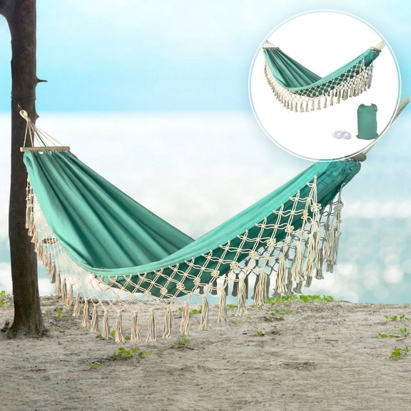 JOVELL Double Hammock 450lbs Capacity, 40" Wide Brazilian Style Portable Cotton Rope Hammock with Fringe, 2 Person Hammock for Outdoor, Backyard, Patio, Camping, Green