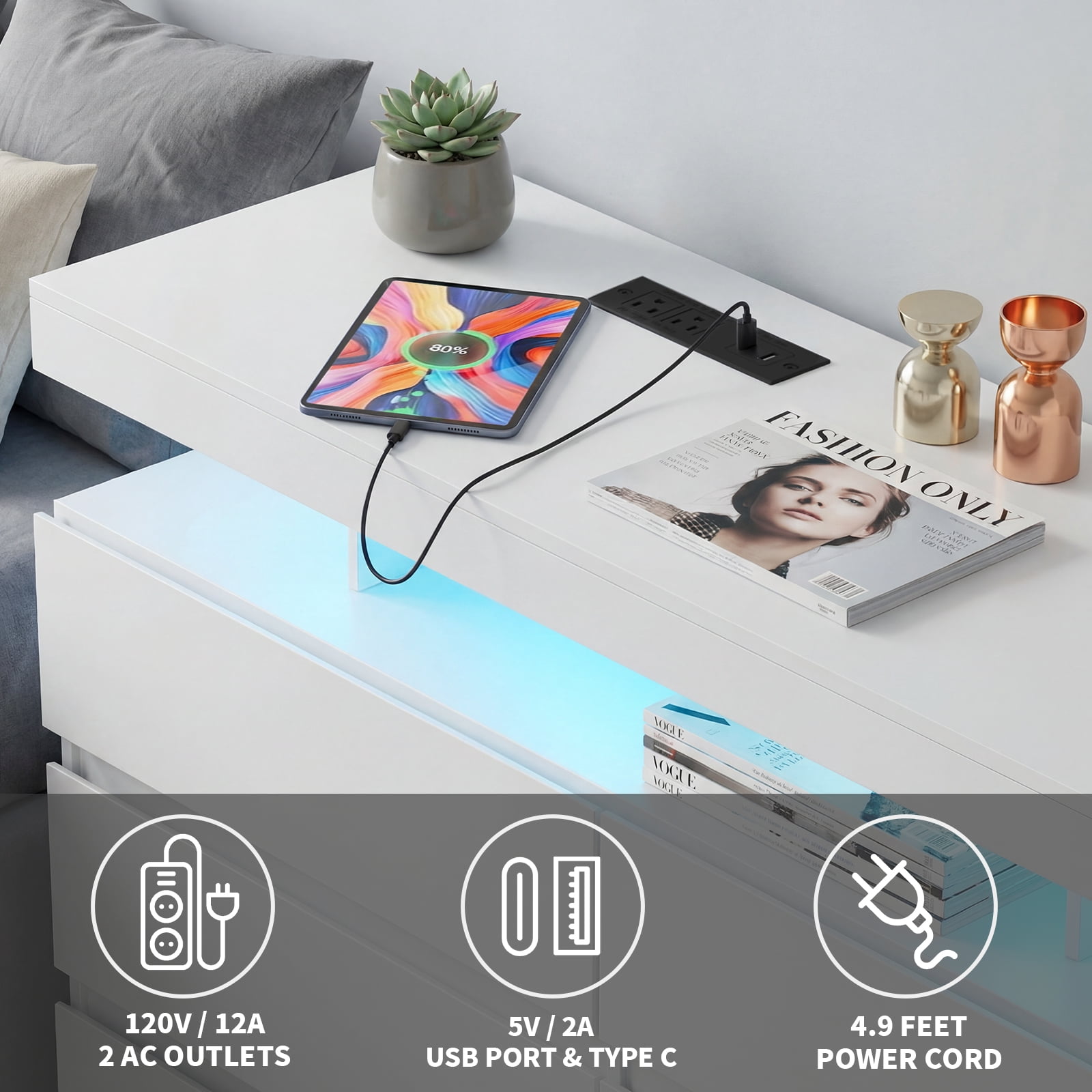 Hommpa White LED 6 Drawers Dresser for Bedroom, Chest of Drawers with Charging Station and LED Lights, TV Stand Tall Dresser for Closet, Wooden Modern Storage Cabinet for Living Room, Entryway