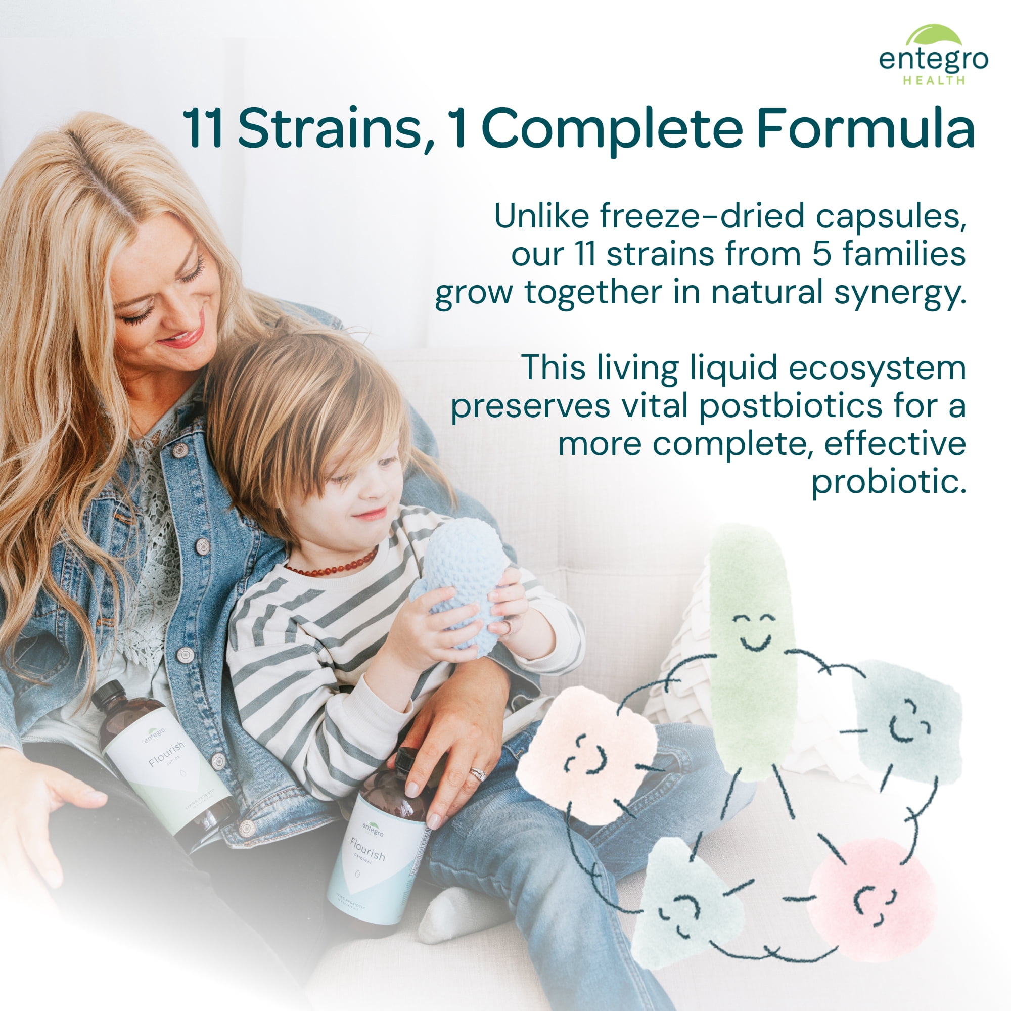 Entegro Health Flourish Junior Liquid Probiotic & Postbiotic Supplement for All Ages, 16 fl oz Glass Bottle