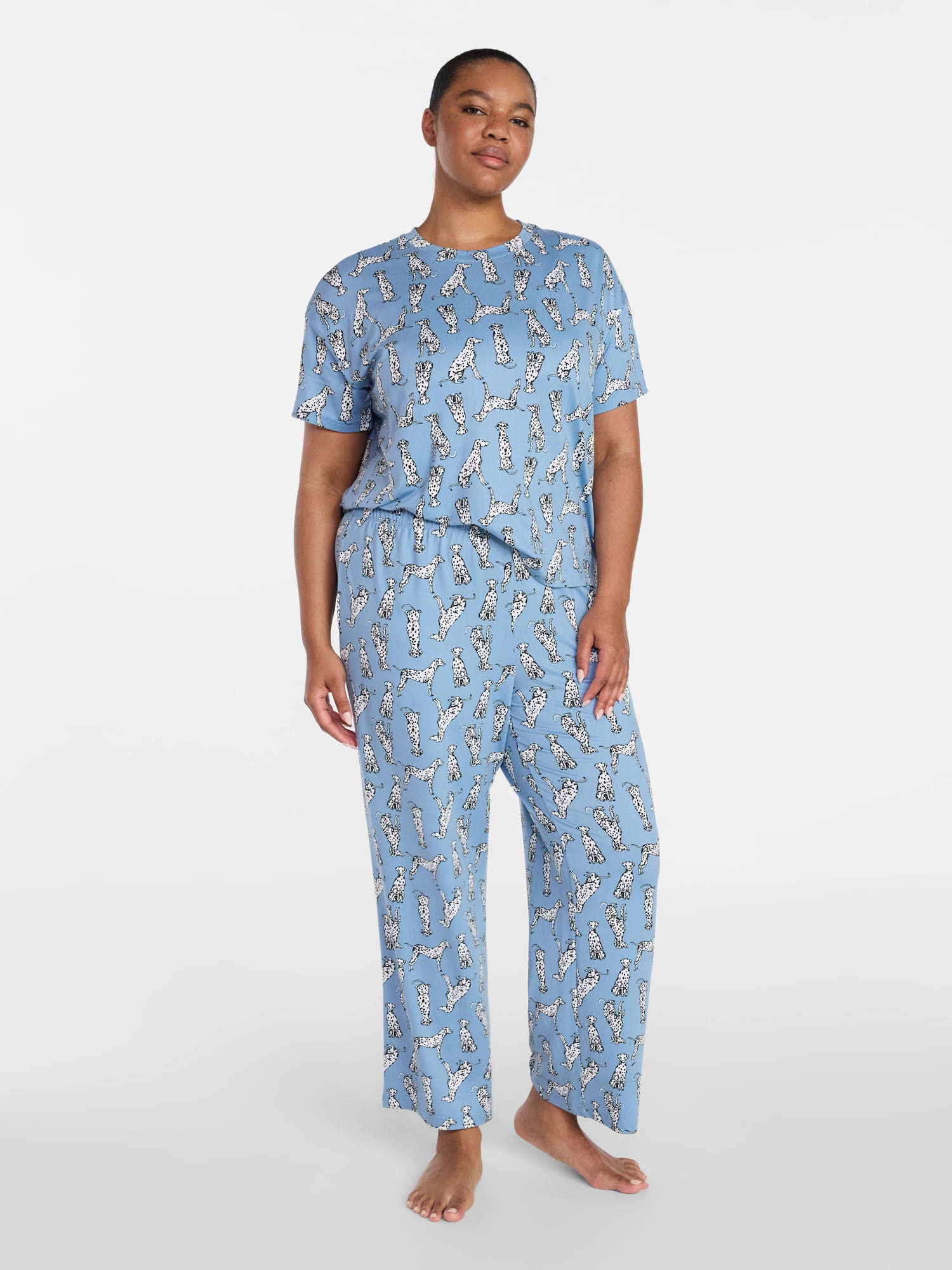 Joyspun Women's Dreamy Soft Collection Short Sleeve Sleep Top and Open Leg Pants Pajama Set, 2-Piece, Sizes XS-3X