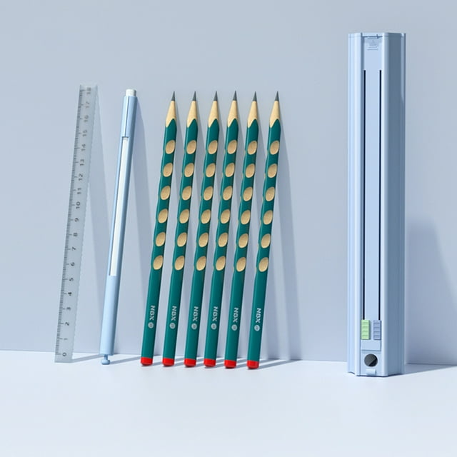 Riwcyla Cute Pencil Box Hexagonal with 6 Pencils Standing Pen Holder Multi,Function Push,Pull Stationery Box Set Design with Ruler and Detachable Pencil Sharpener and Earaser Hard Pen Case Storage