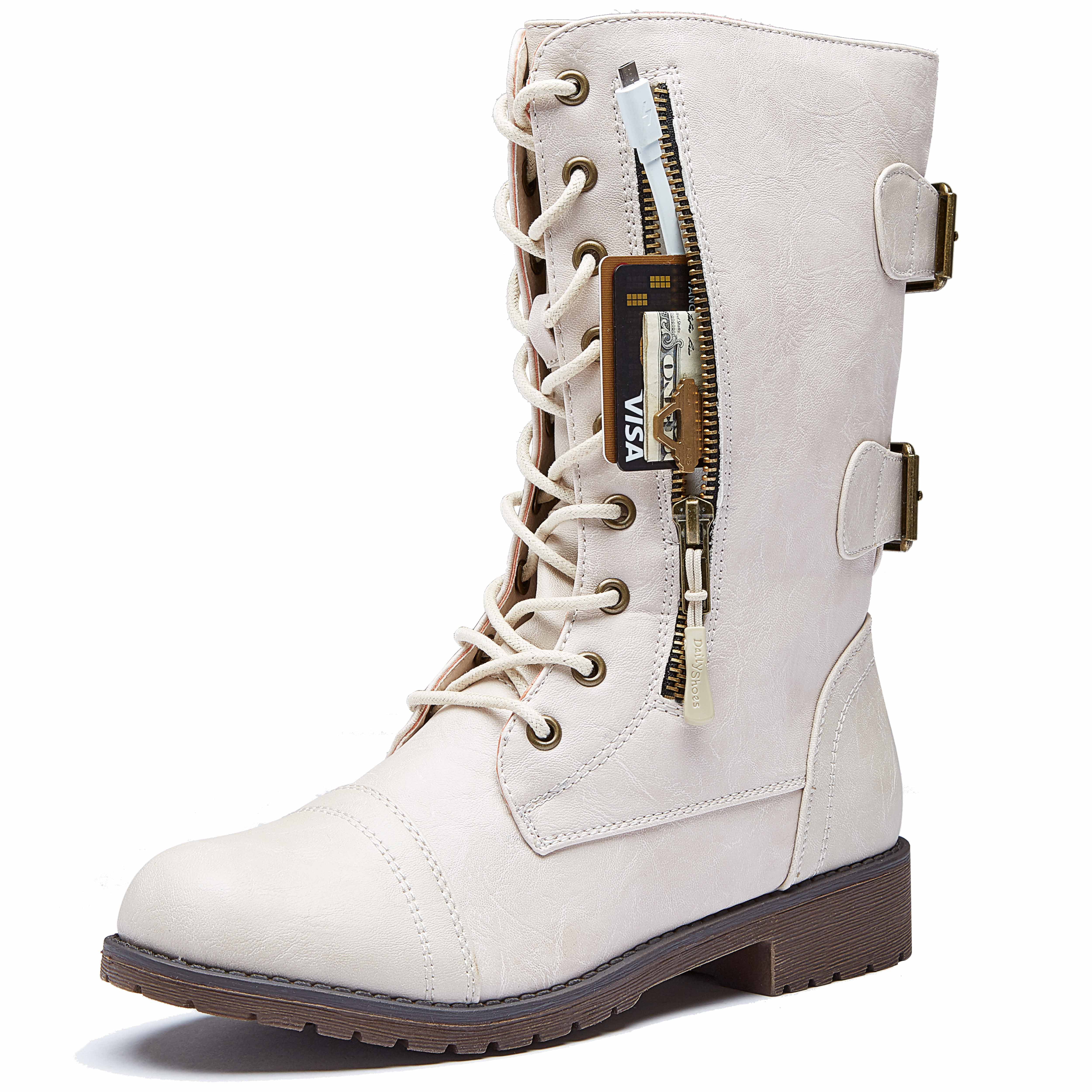 DailyShoes Womens Military Lace Up Buckle Combat Boots Mid Knee High Exclusive Credit Card Pocket Ivory 