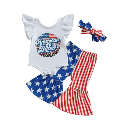 

4th of July Outfits Toddler Baby Girl Independence Day Clothes Ruffled American Printed Top Bell Bottom Summer Clothes