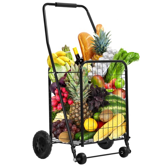 DEXTRUS Metal Folding Shopping Cart, Heavy Duty Rolling Grocery Cart with Lockable Wheels and Adjustable Handle