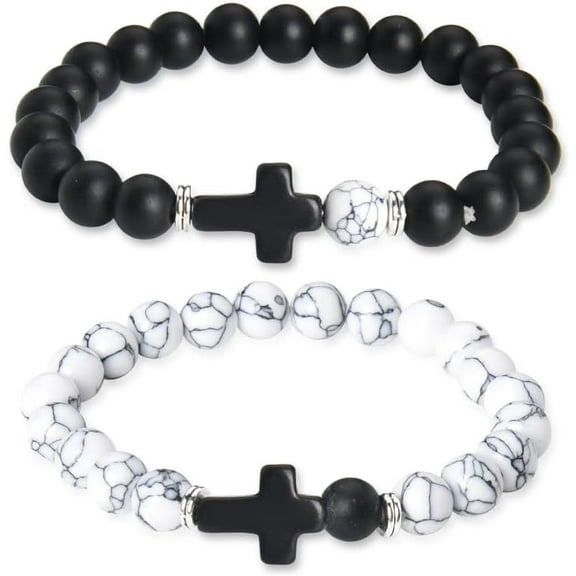 Couples Bracelets for Him & Her, Anniversary Valentine’s Day Gift, Cross Natural Stone Bracelet Set