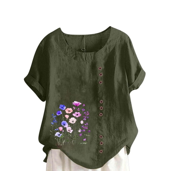 Summer Tops for Women Casual Short Sleeve Floral Print Blouses Plus Size Round Neck T Shirts Loose Fit Comfy Shirts Blusas De Mujer