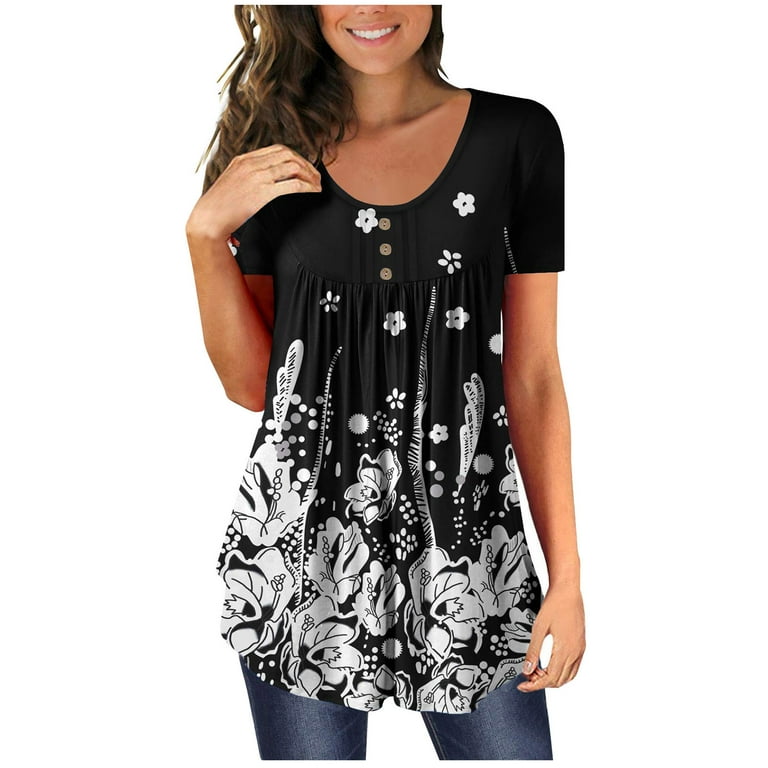 HAPIMO Women's Fashion Shirts Tummy Control Clothes for Girls Short Sleeve  Tees Geometric Pattern/Flower Print Tops Button V-Neck T-shirt Pleat Flowy  Tunic Blouses Black S 