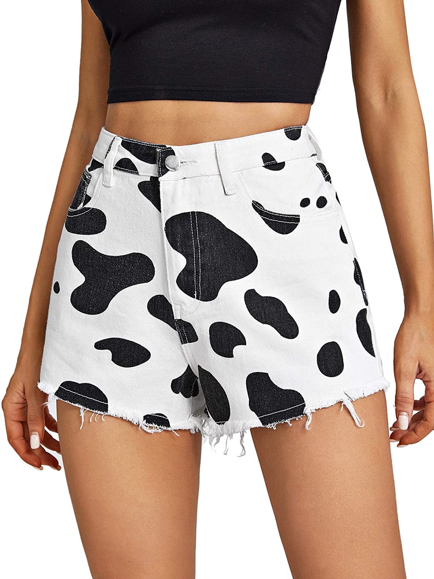 Women's Cow Print Shorts Raw Hem Denim Shorts Pants High Waisted Short Jeans with Pockets