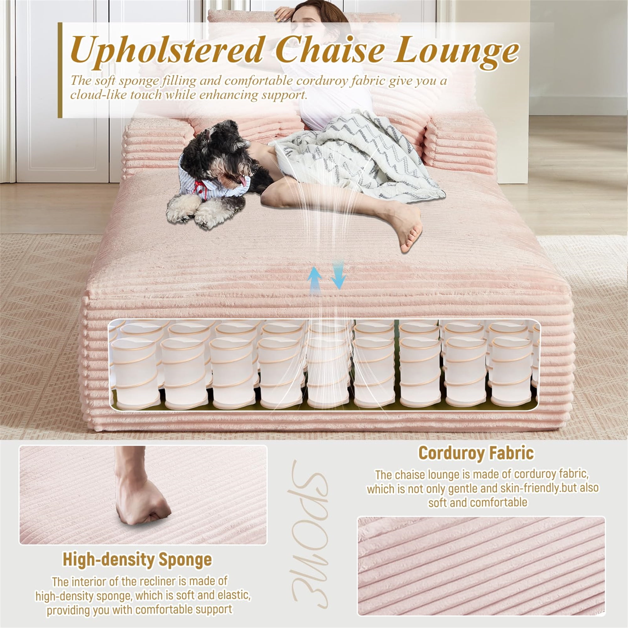 Aukfa Chaise Lounge Oversized Indoor Chair Boneless Couch for Living Room, 3Pillows, Pink