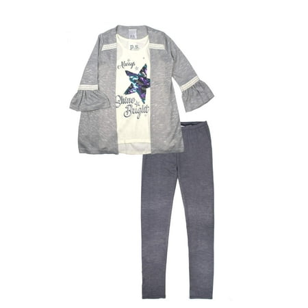Sweater Knit Lace Trim Cardigan, Tank & Knit Denim Legging, 3-Piece Outfit Set (Little Girls & Big Girls)