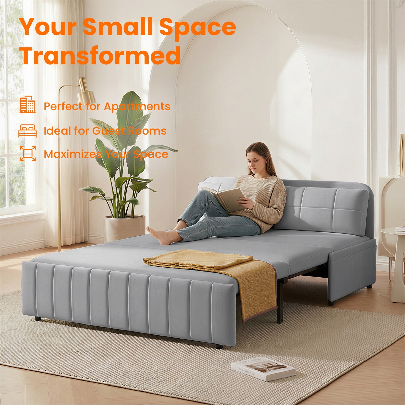 Puremind Queen Size Pull Out Sofa Bed, Convertible Sleeper Sofa with Pull Out Bed, Loveseat Couch Bed with Pillows for Living Room/Apartment, Light Gray