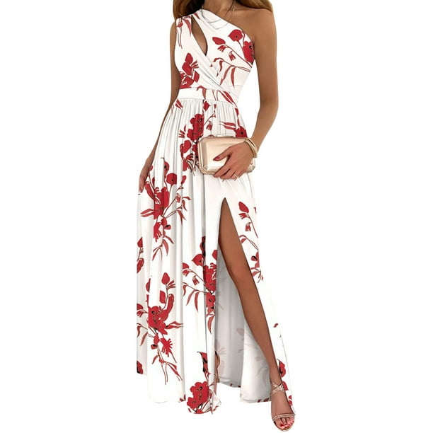 VISgogo Vestido de un hombro para mujer, estampado floral / Tie Dye, sin mangas, dobladillo dividido, plisado, cintura alta, falda de una pieza VISgogo moda