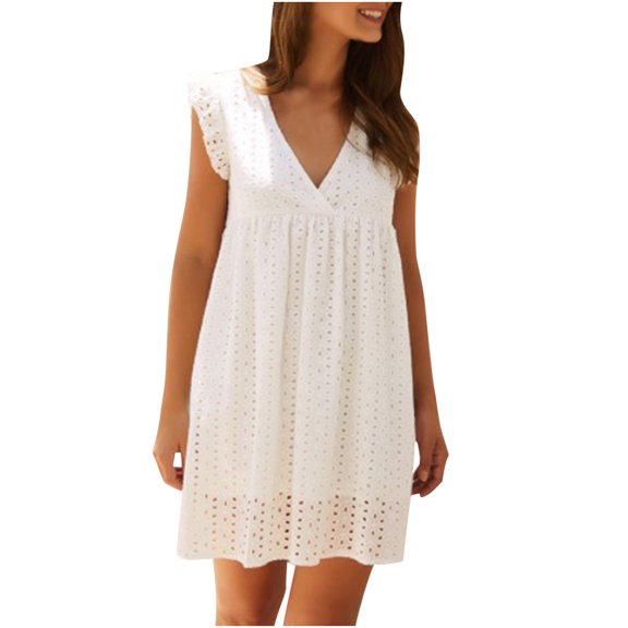 Casual Dresses for Women Solid Color V-Neck Sleeveless Lace Mini Swing Dress Ladies Beach Summer Dresses