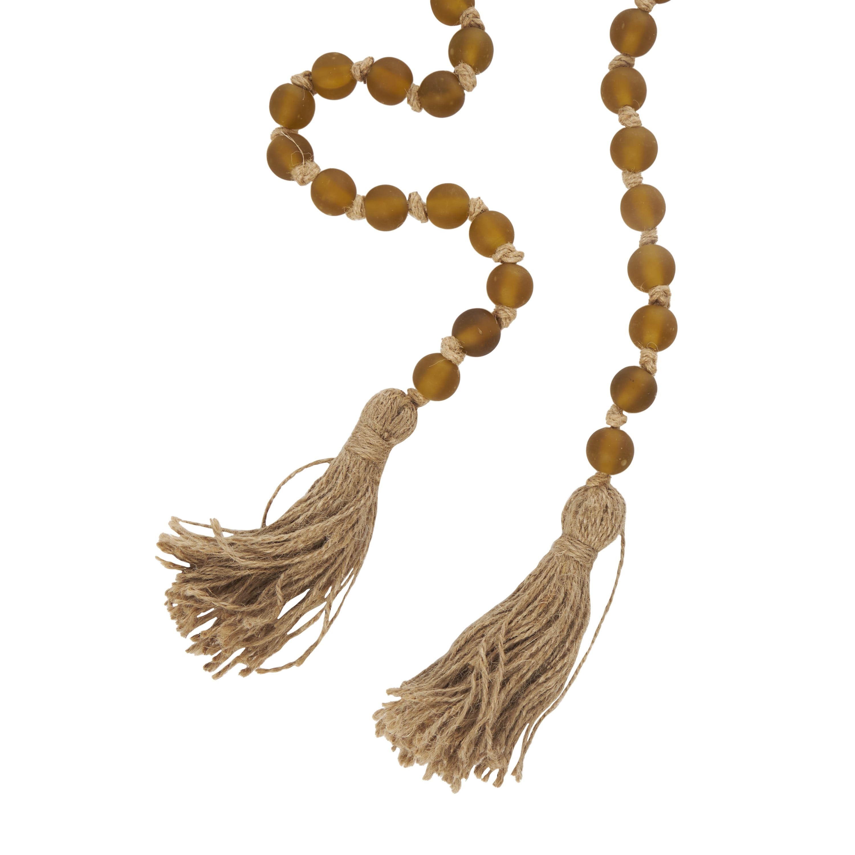 DecMode Handmade Round Long Frosted Beaded Yellow Glass Garland with Tassel with Knotted Brown Jute