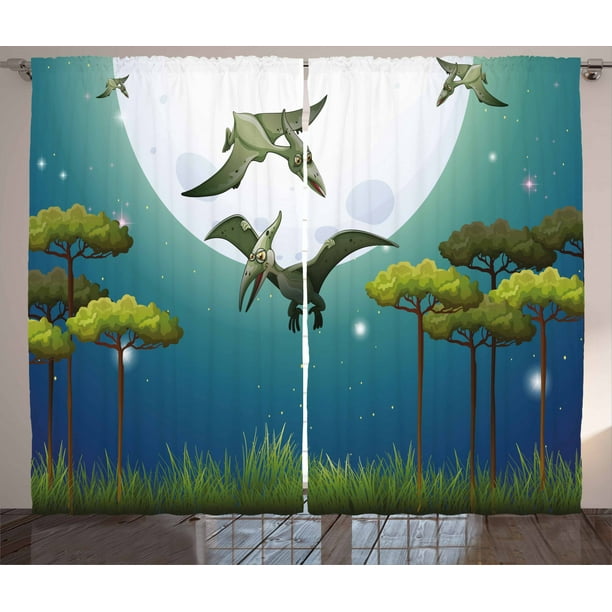 Dinosaur Curtains 2 Panels Set, Cartoon Style Dinosaurs Flying on Full