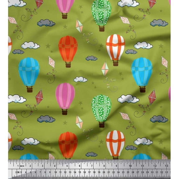 Soimoi Green Silk Fabric Cloud & Hot Air Balloon Holiday Decor Fabric Printed Yard 42 Inch Wide