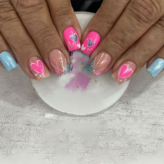 Valentine Press on Nail Square Fake Nail Glossy Design False Nail Full Cover Artificial Acrylic Nail 24pcs 12Sizes