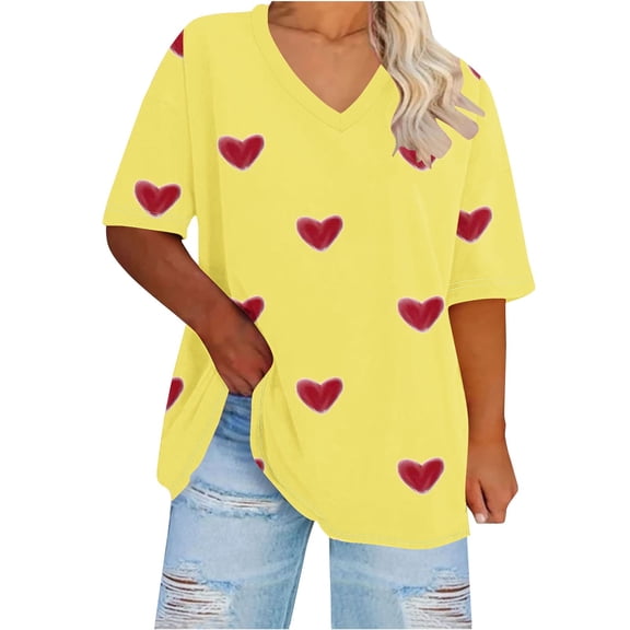 zbxnLI Womens Plus Size Top V Neck Shirt Cute Heart Printed T Shirts Summer Short Sleeve Tee Tops Casual Workout Clothing XL-5XL