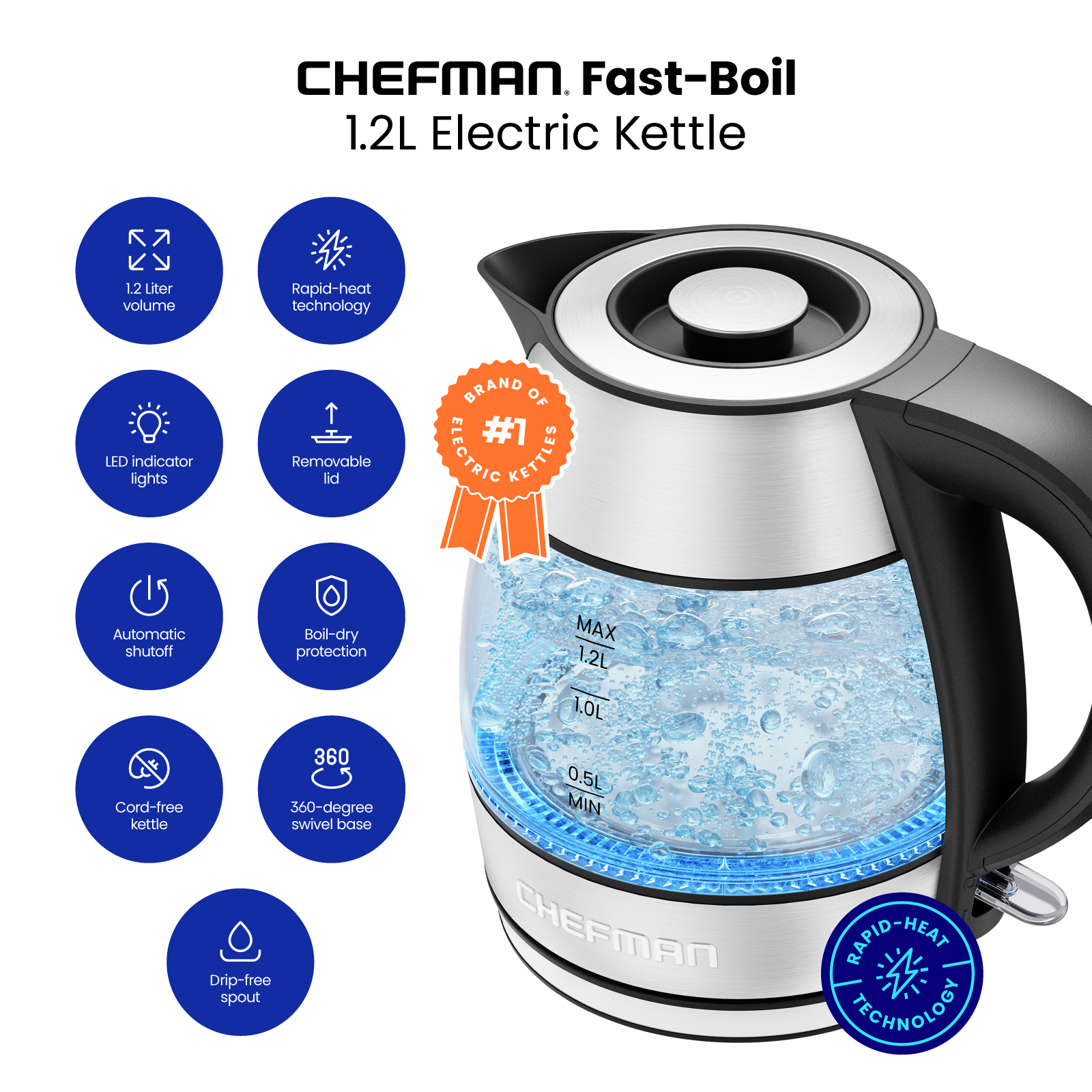Chefman Rapid Boil Electric Kettle, 1.2L, Stainless Steel photo 2