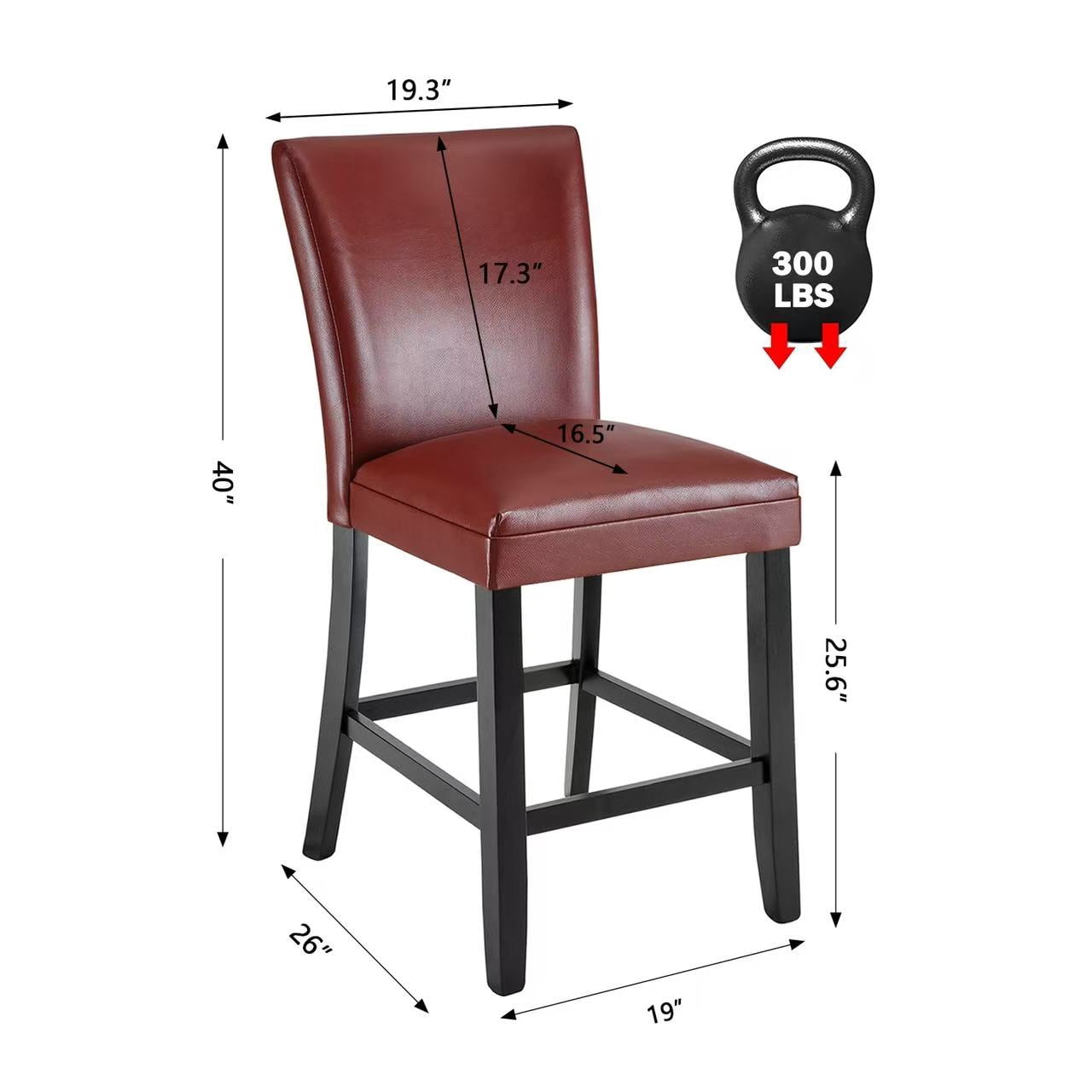 BAXMUY Set of 4 Counter Height Bar Stools, 25.6" Seat, Red, Solid Wood & Faux Leather Bar Chairs for Kitchen Island & Home Bar