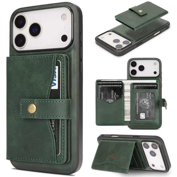 Detachable Magnetic Phone Cases Compatible with iPhone 18 Pro Max, Case with Card Holder, Compatible with Magsafe, Classic PU Leather Kickstand Wallet Phone Cover for iPhone 18 Pro Max, Green