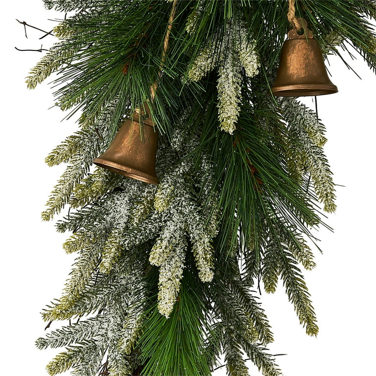 Bells, Bow, and Greenery Decorative Christmas Door Swag, Green and Brown, 28", by Holiday Time