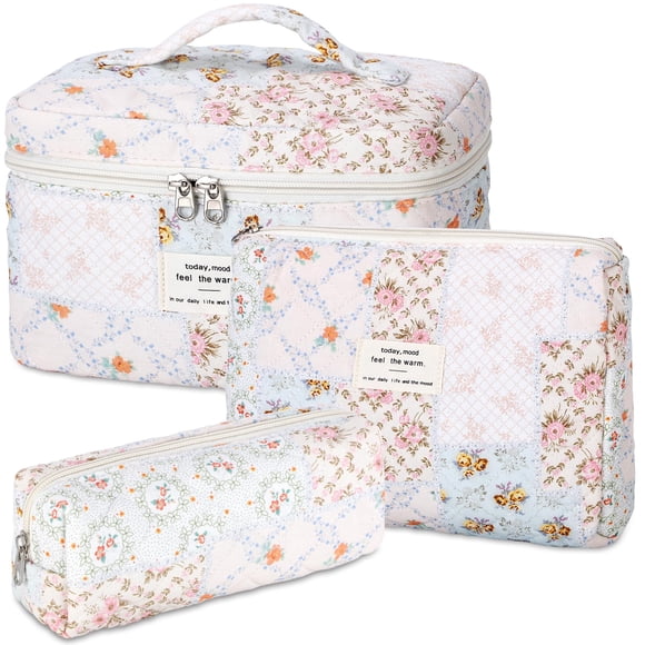 Bolsa de maquillaje Senbowe Floral, 3 unidades, tamaño grande, acolchada, de algodón
