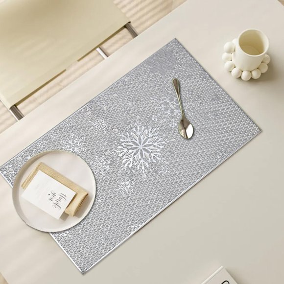 Mantel Individual de Pvc con Diseño de Copos de Nieve, Color Liso, Aislante, Resistente a Quemaduras, 45 X 30 Cm, Color Oro Rosa, Dorado y Plateado, con Ambiente Navideño, Decorativo para Mesa de Com