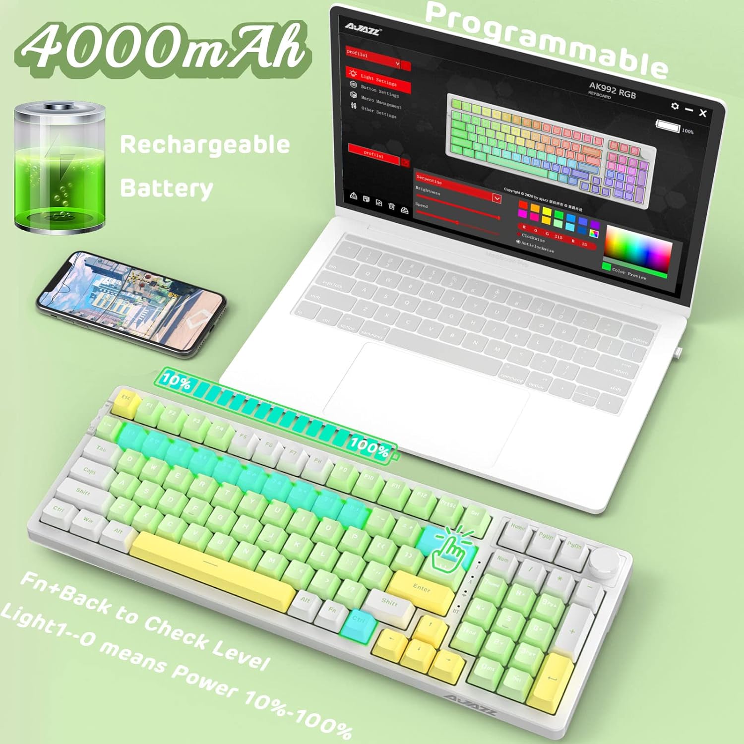 AK992 Gasket Wireless Mechanical Keyboard,2.4G/BT5.0/Wired,MDA PBT Keycaps,Red Switch RGB Hot Swap