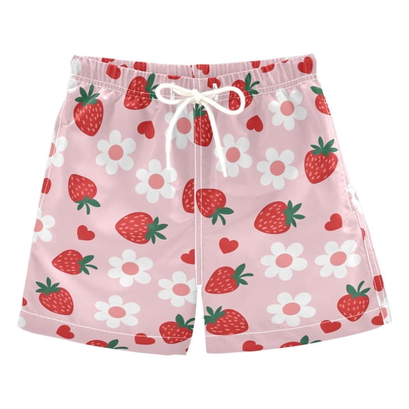 FORMRS Boys Swim Trunks Quick Dry Mesh Lining Beach Boardshorts, Sizes XS-XL, Pink Floral Strawberry Pattern