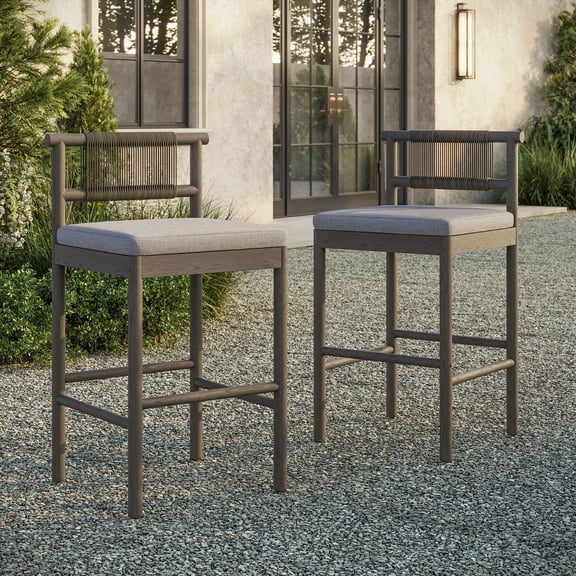 Eleni Outdoor Teak Wood Bar Stools Set of 2 in Weathered Gray Pebble