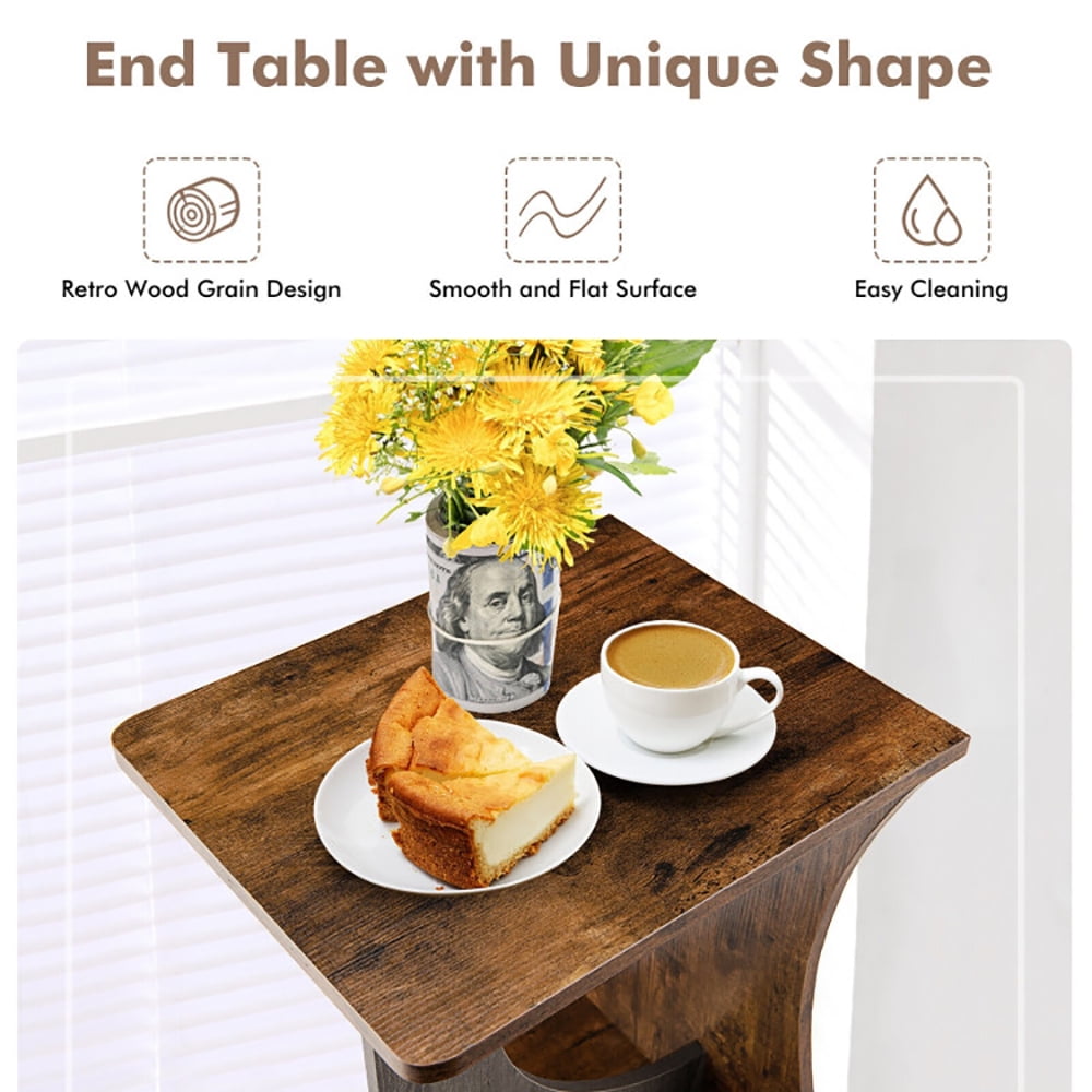Finihen End Side Table, 2-Tier Compact C-shape Sofa Side Table, for Living Room, Bedroom, Rustic Brown