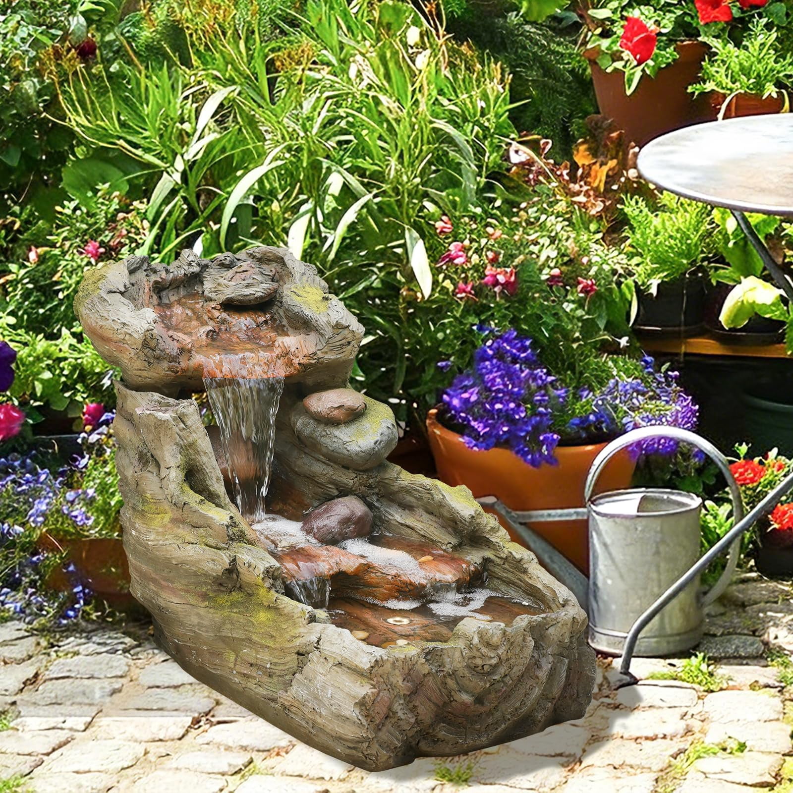 32.5" L Garden Outdoor Water Fountain, Floor Standing Cascading Realistic Tree Trunk Natural Waterfall Outdoor Fountains with LED Lights for Patio, Porch, Home Art Decor