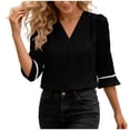 thumbnail image 4 of VEKDONE Women's V Neck Top Elegant Puff 3/4 Sleeve Solid Color Tunic Tops Fashion Business Work T Shirts Summer Loose Fit Going Out Tees Black L, 4 of 8